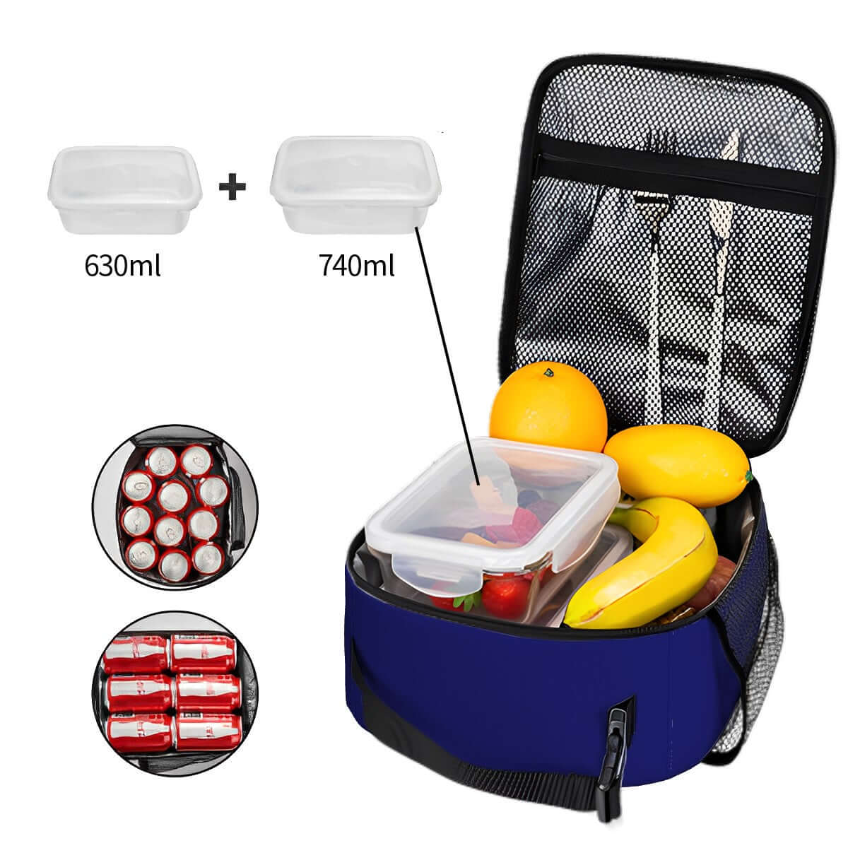 Lunchtasche aus Oxford-Stoff mit PEVA-Beschichtung, enthält Obst und zwei Essensbehälter (630ml &amp; 740ml).