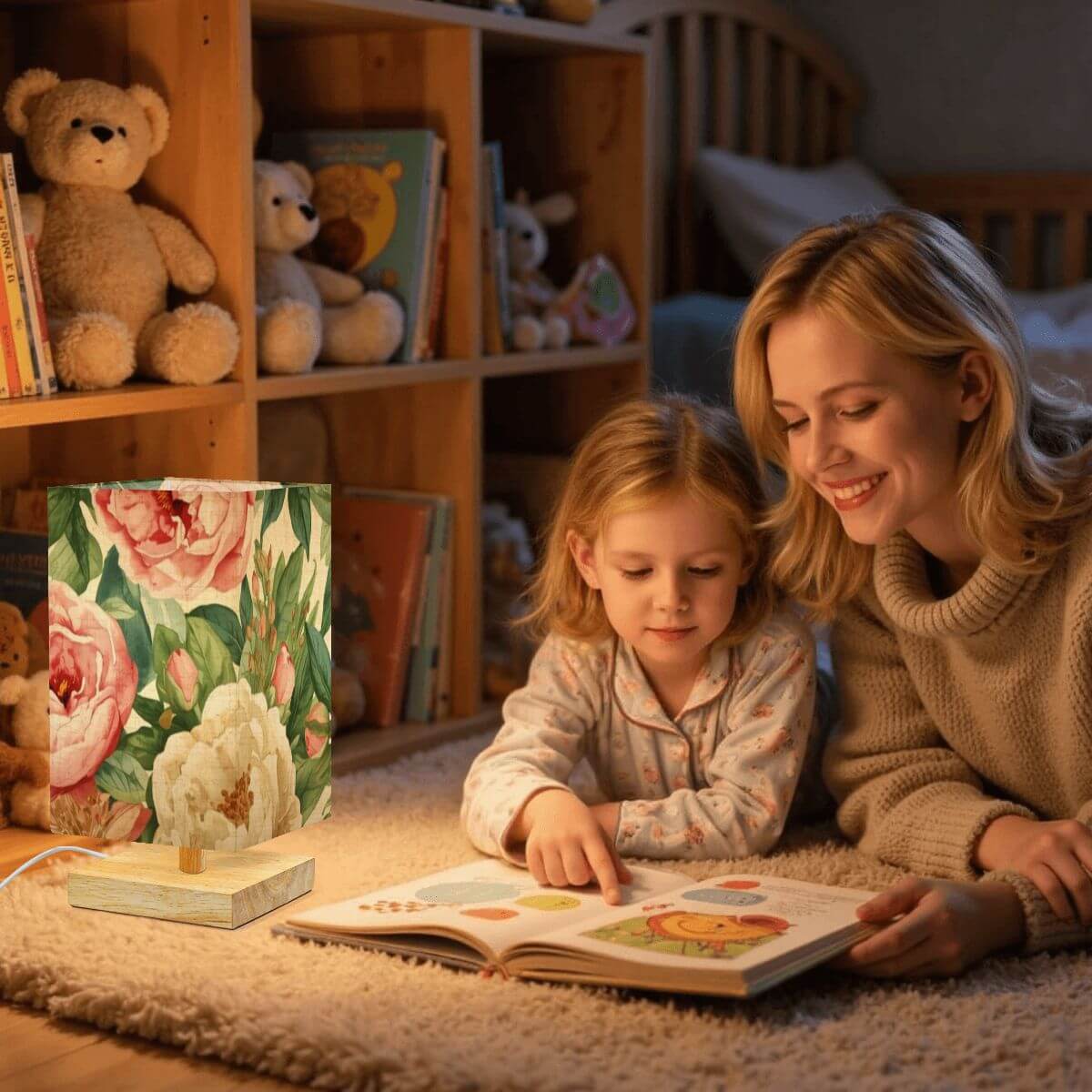 Quadratische Tischlampe aus Leinen und Gummiholz, erzeugt warmes Licht, mit floralem Design, ideal für gemütliche Abende im Kinderzimmer