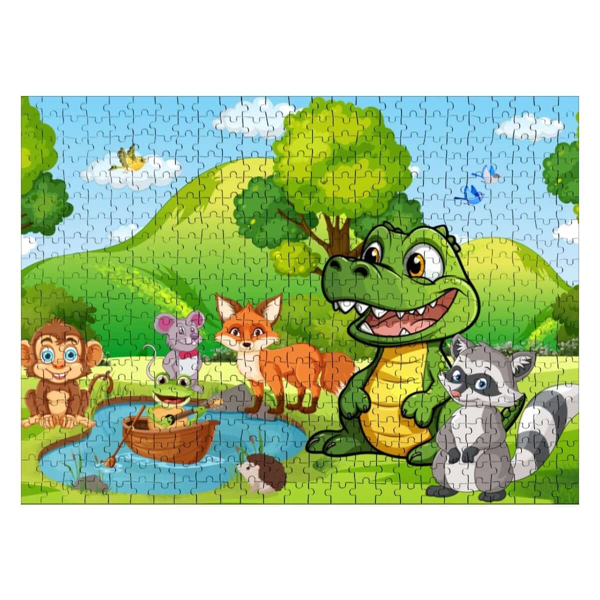 500-teiliges Holzpuzzle (horizontal) mit fröhlichen Tieren in einer farbenfrohen Landschaft.