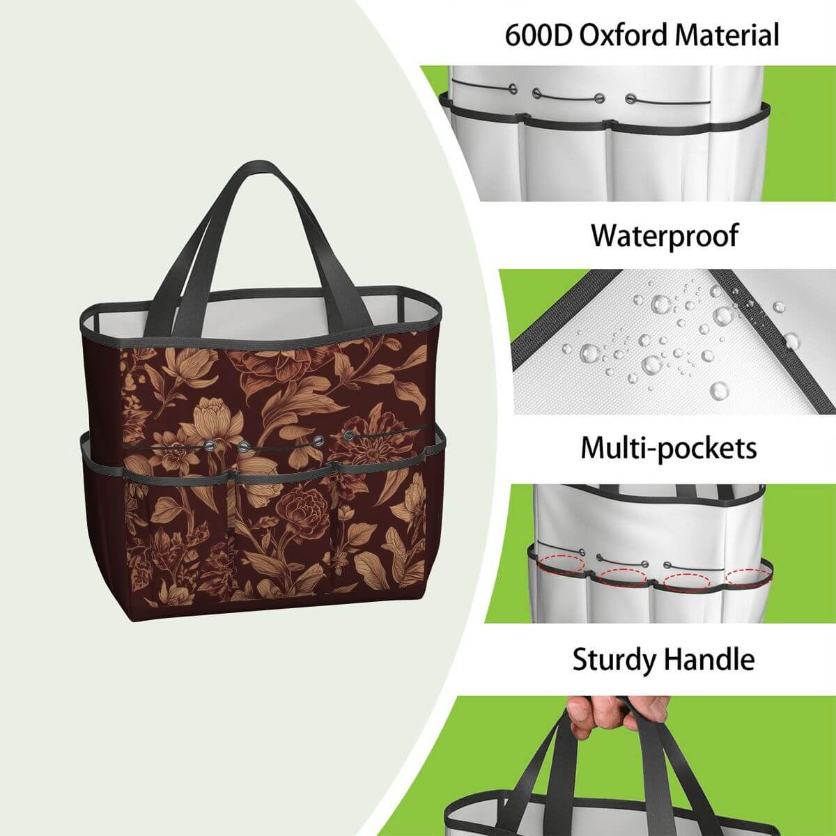 Gartengerätetasche aus 600D Oxford-Stoff, wasserdicht, mit mehreren Taschen, robustem Griff, braunes florales Design