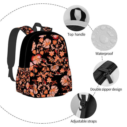 Geräumiger Oxford-Rucksack mit Seitentaschen, schwarz-oranges Blumenmuster, wasserdicht, verstellbare Träger, Doppelreißverschluss, Polyester.