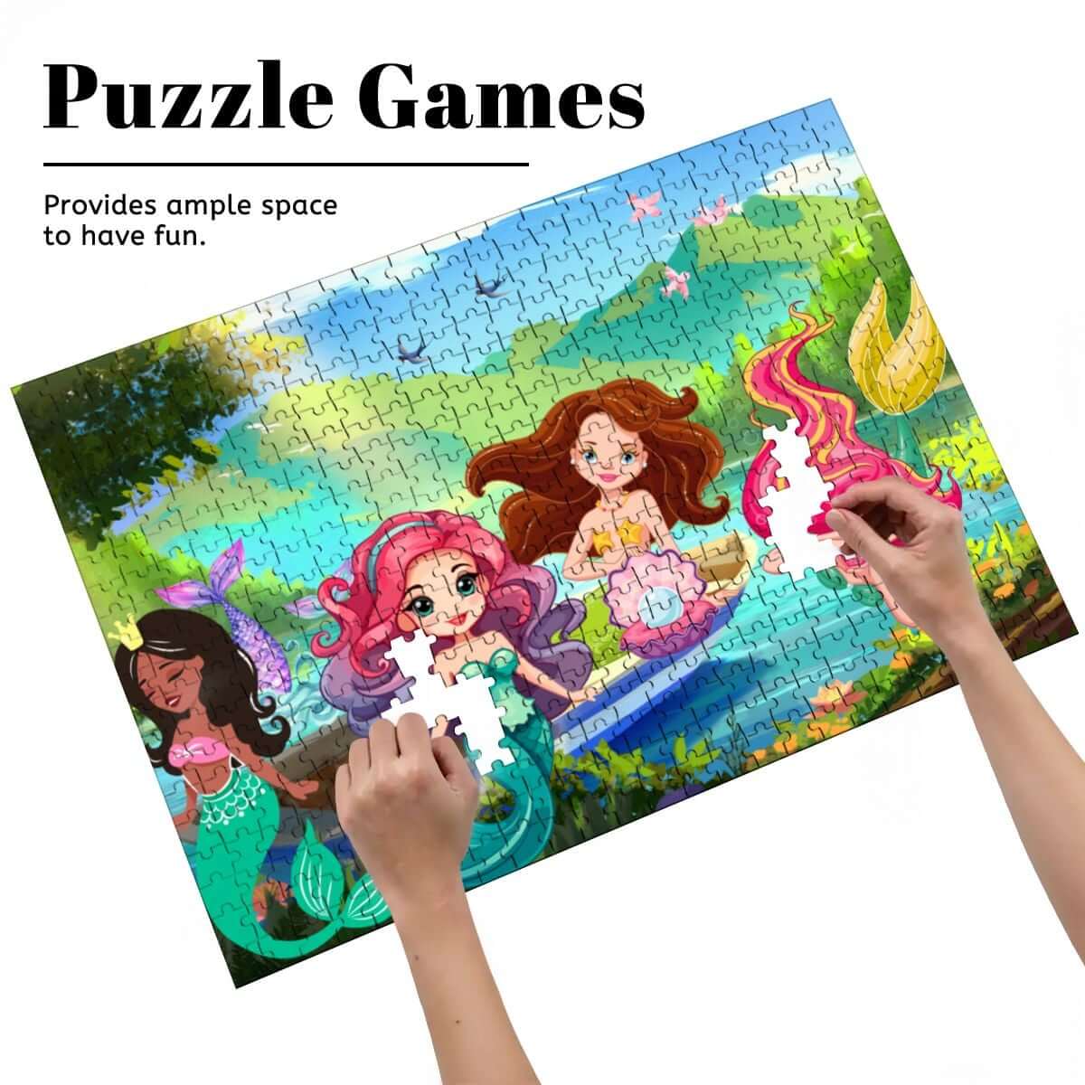 Holzpuzzle, 500 Teile (horizontal) mit bunten Meerjungfrauen und Puzzleteilen im Spiel.