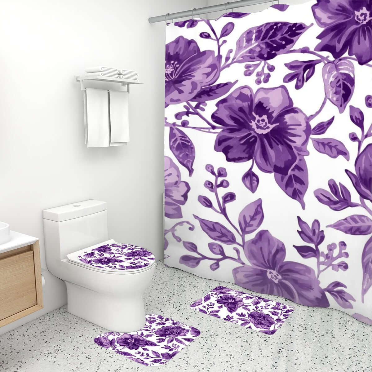Badezimmerteppich-Set mit Duschvorhang, 4-teilig, lila Blumenmuster, Polyester, wasserfest, einseitig bedruckt