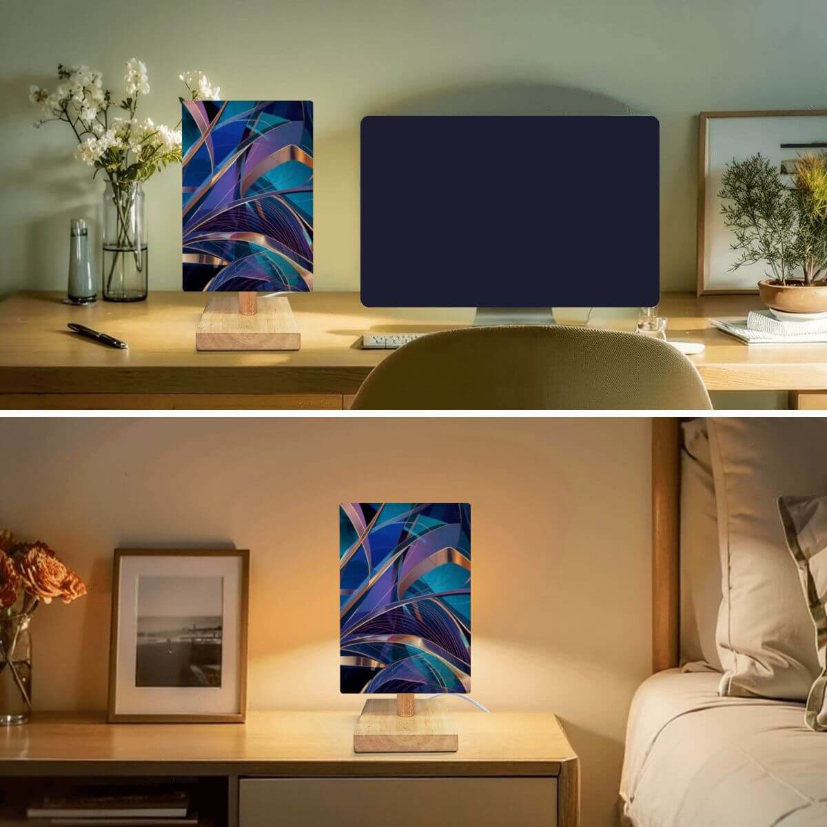 Quadratische Tischlampe aus Leinen und Gummiholz, 5,5x5,5x11 Zoll, UV-Druck, für gemütliche Atmosphäre in Wohnbereich, Fernbedienung fähig.