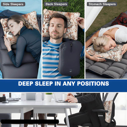 Illustration von Menschen, die das "Aufblasbares Campingkissen - Komfort für Outdoor" in verschiedenen Schlafpositionen verwenden.
