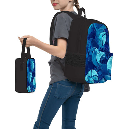 3er-Set Taschen (Oxford-Rucksack, Lunchtasche &amp; Federmäppchen) aus robustem Oxford-Stoff mit stilvollem einseitigem Druck in Blau.