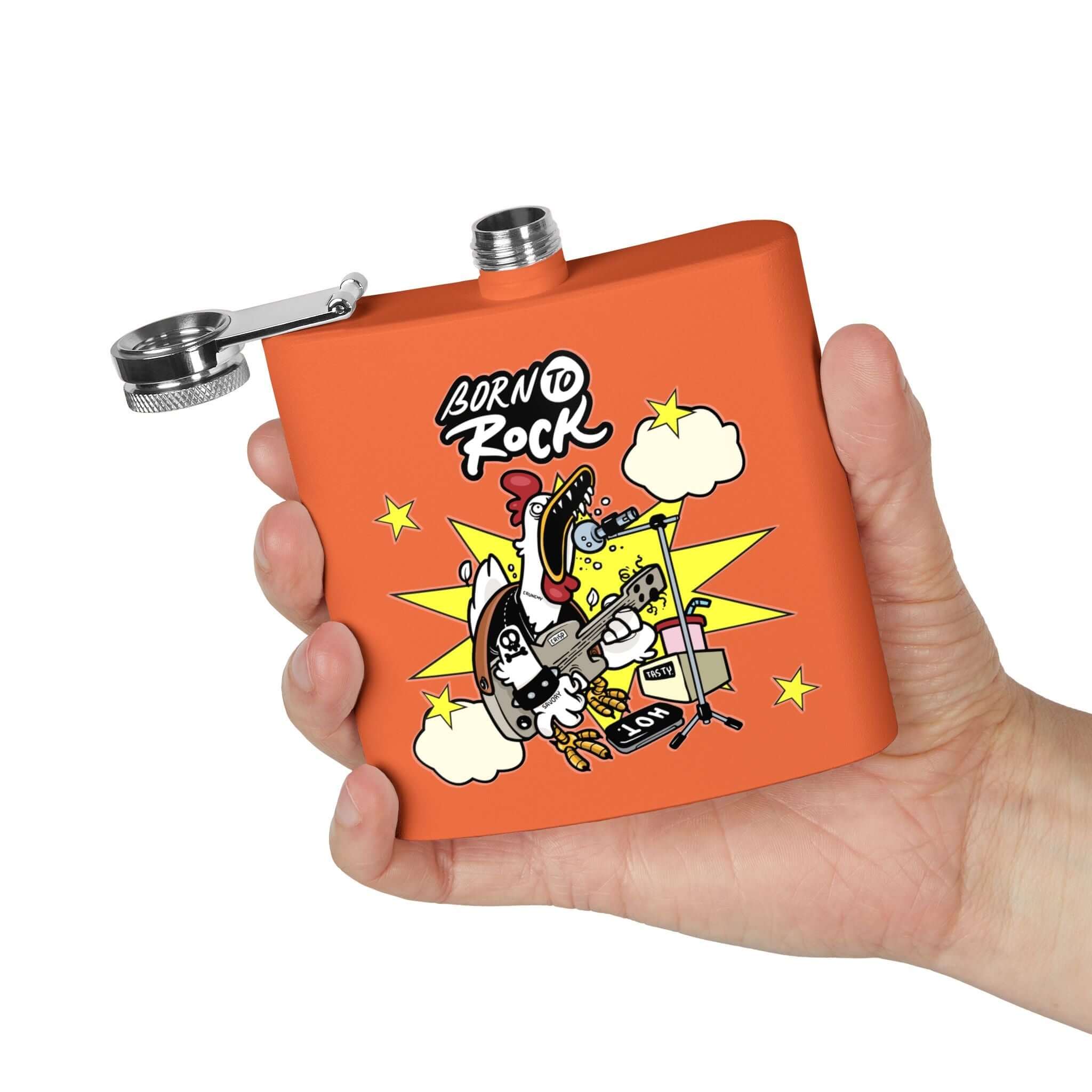 Edelstahl-Flachmann Born to Rock 170ml in Hand, perfekt für Musikliebhaber und Soldaten, ideal für Festivals, Konzerte und Partys.