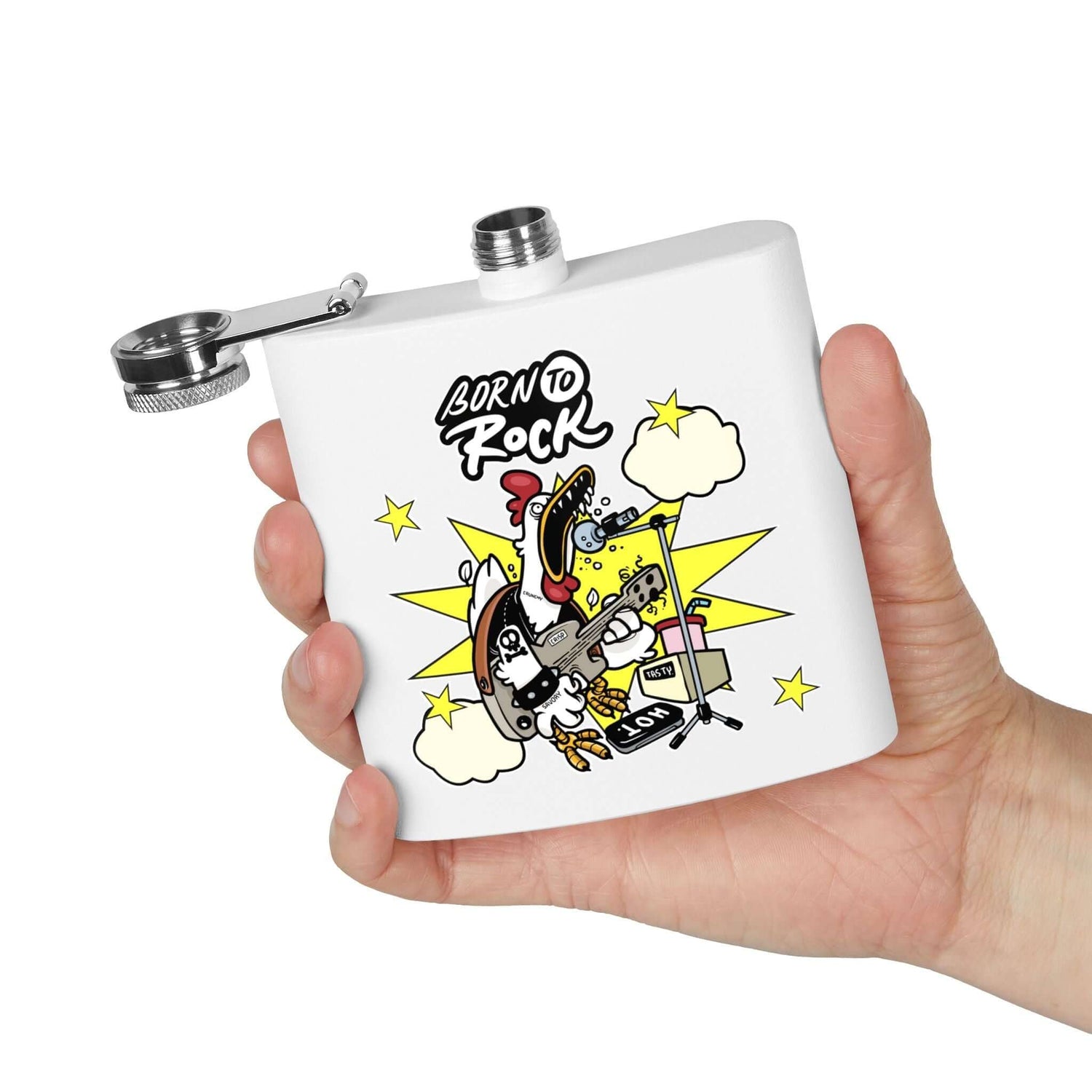 Edelstahl-Flachmann Born to Rock 170ml für Musikliebhaber, ideal für Festivals und Partys, in Hand gehalten mit "Born to Rock" Design.