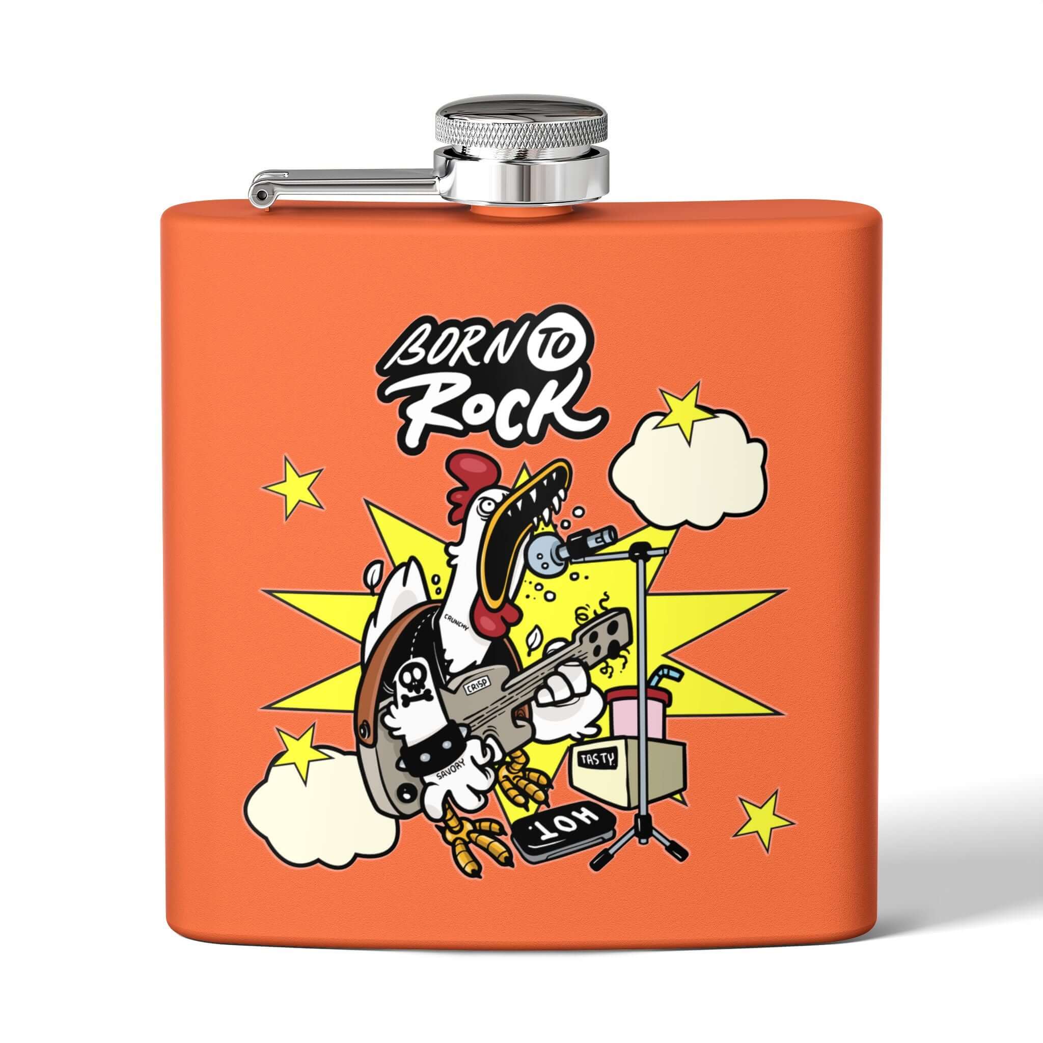 Edelstahl-Flachmann Born to Rock mit stilvollem Musiker-Design, ideal für Festivals und Partys, 170 ml Fassungsvermögen.