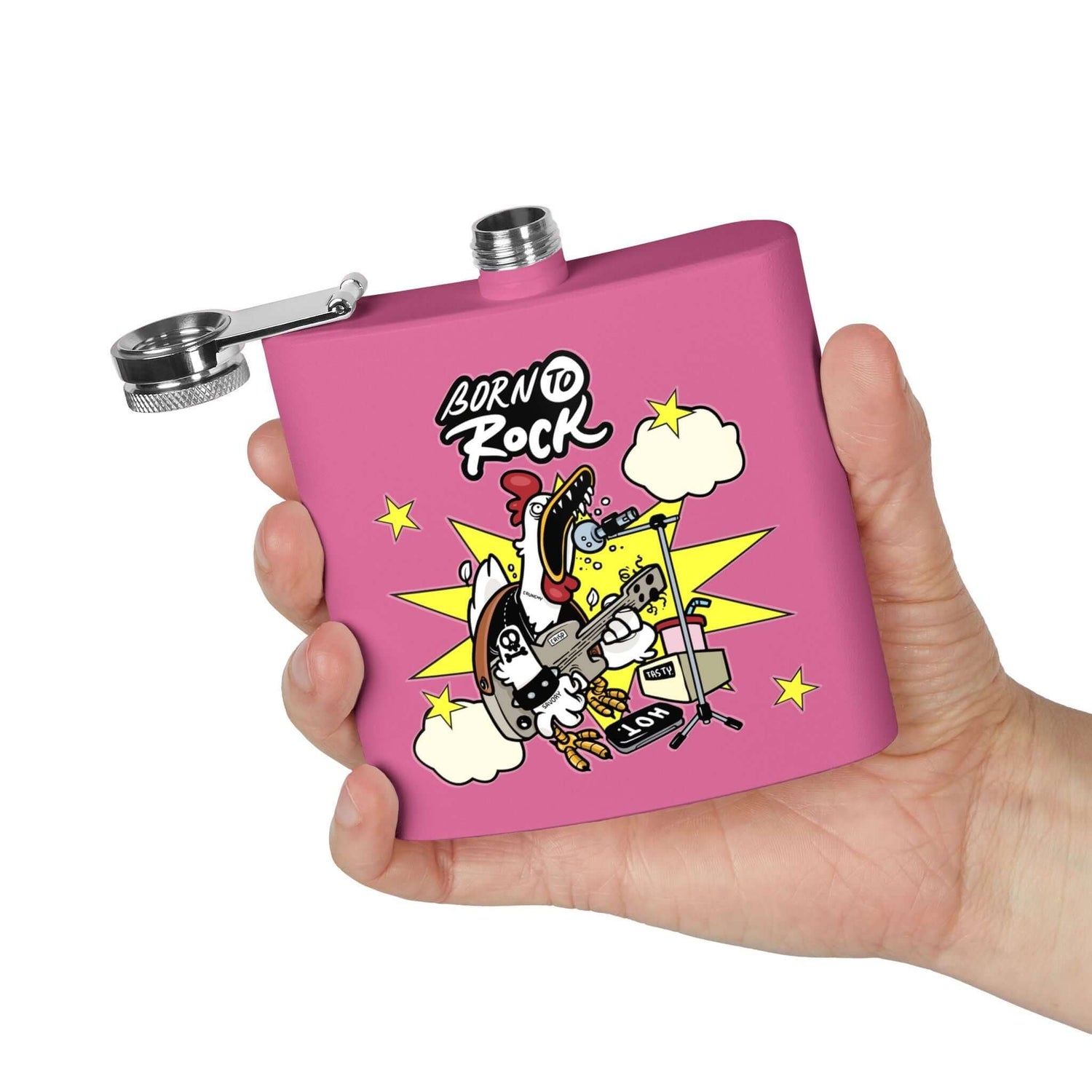 Edelstahl-Flachmann Born to Rock, pink, 170 ml, in Hand, ideal für Musikliebhaber, Konzerte und Partys, Details für Edelstahl-Flachmann für Soldaten