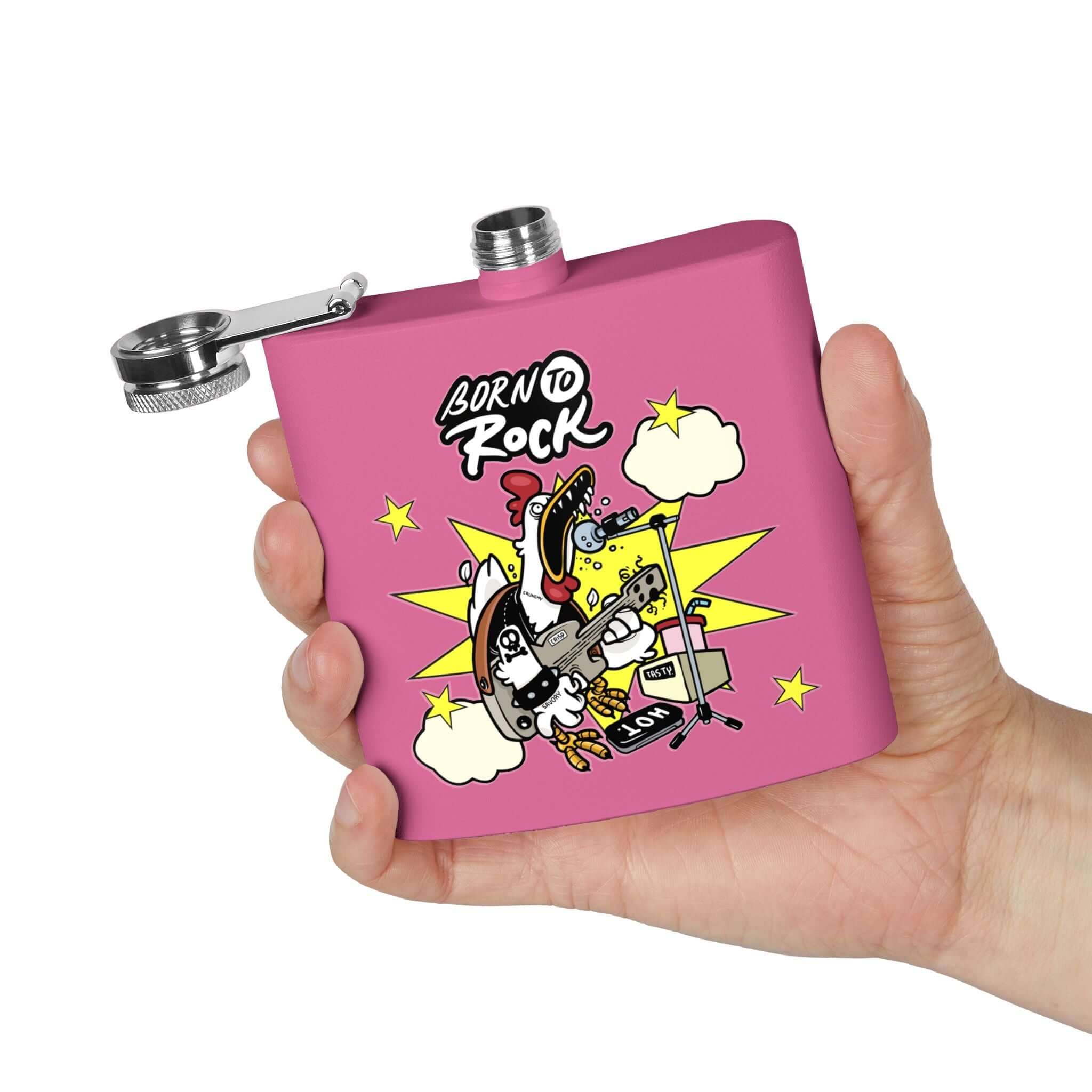 Edelstahl-Flachmann Born to Rock, pink, 170 ml, in Hand, ideal für Musikliebhaber, Konzerte und Partys, Details für Edelstahl-Flachmann für Soldaten
