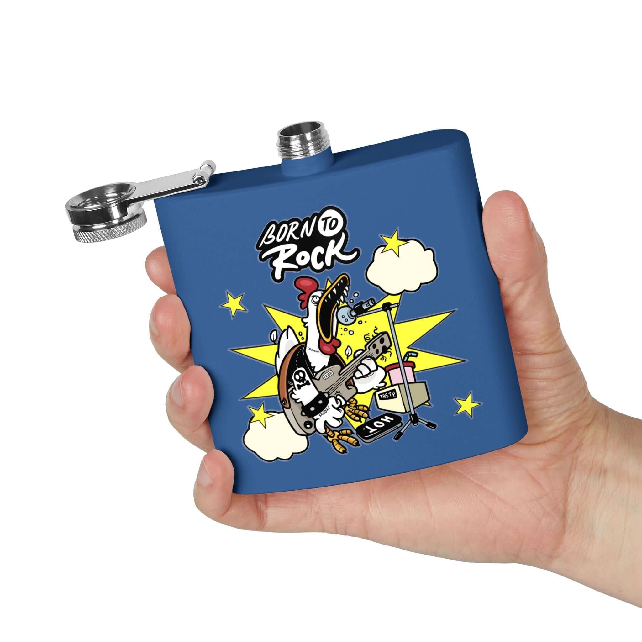 Edelstahl-Flachmann Born to Rock 170 ml mit rockigem Design, ideal für Musikliebhaber auf Konzerten und Festivals. Details für Soldaten ansehen.