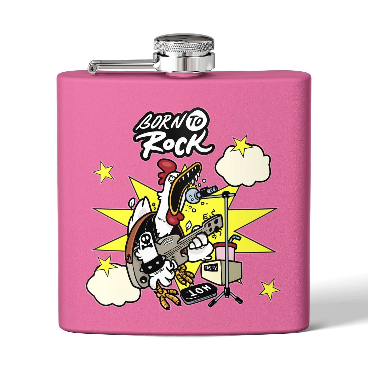 Edelstahl-Flachmann Born to Rock 170ml in Pink, stilvoller Begleiter für Musikliebhaber, ideal für Festivals und Partys.