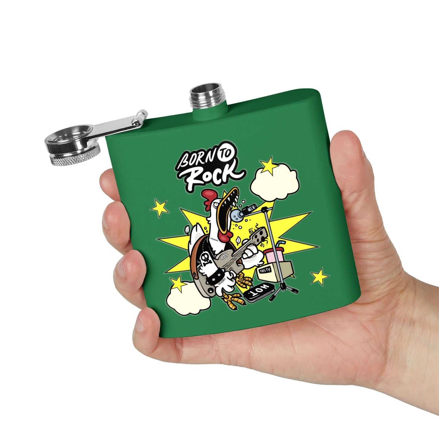 Edelstahl-Flachmann Born to Rock 170 ml, grünes Design, perfekt für Musikliebhaber, Festivals und Partys; Details für Edelstahl-Flachmann ansehen.