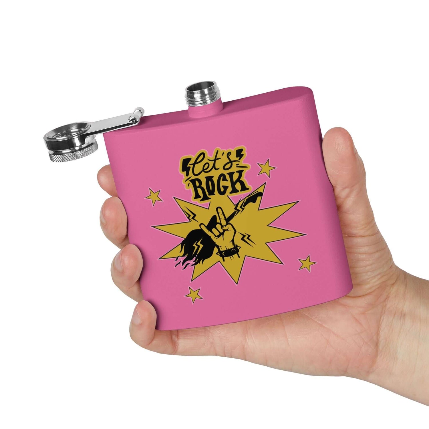 Edelstahl-Flachmann „Rock On“ für Fans, pinker Flachmann mit Rockmotiv und Cowboy-Design, perfekt für Outdoor-Abenteuer und Feste.