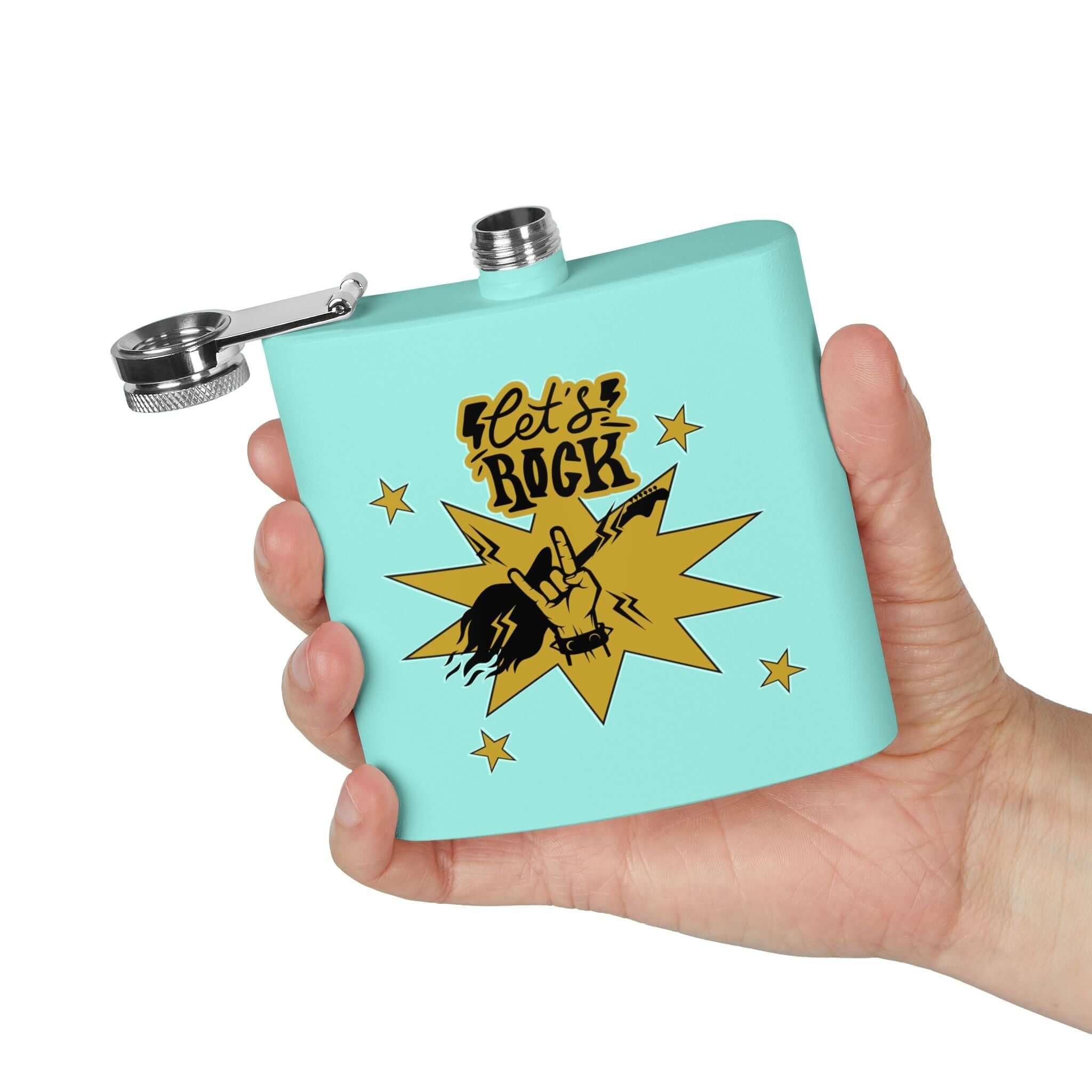 Edelstahl-Flachmann „Rock On“ für Fans mit Cowboy-Motiv in Hand, ideal für Outdoor-Veranstaltungen und Treffen. Details ansehen.