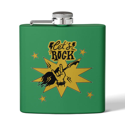 Edelstahl-Flachmann „Rock On“ für Fans mit Cowboy-Motiv auf grünem Hintergrund, ideal für Outdoor-Abenteuer und Konzerte.