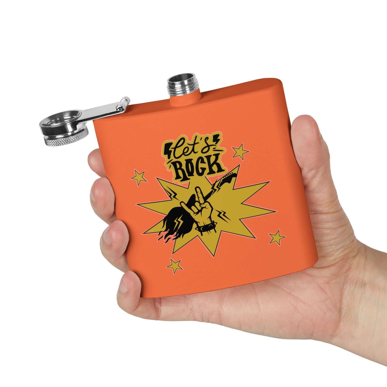 Edelstahl-Flachmann „Rock On“ für Fans mit Cowboy-Motiv, Details ansehen. Stilvoller Begleiter für Abenteuer und Konzerte.