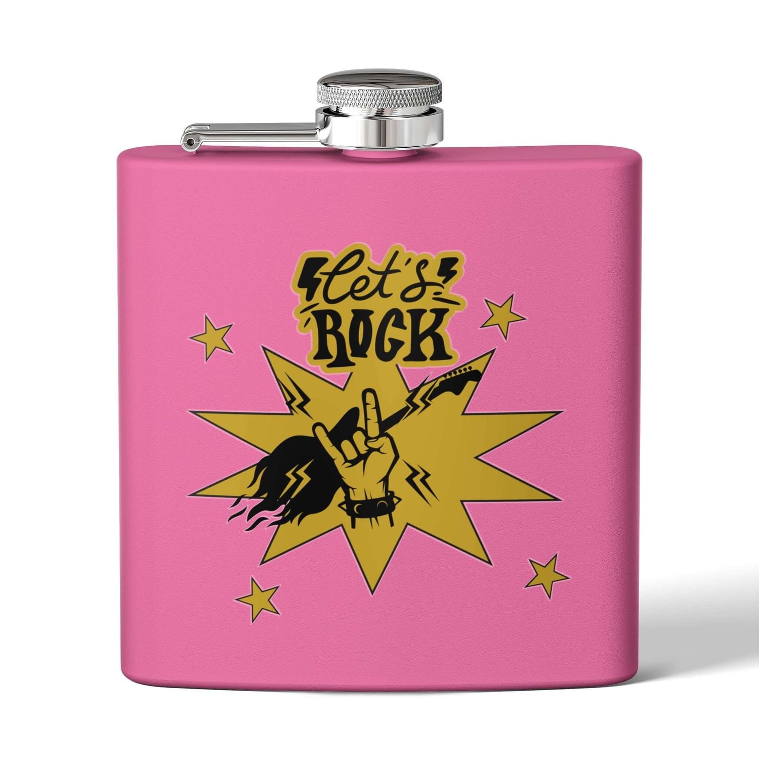 Edelstahl-Flachmann „Rock On“ für Fans mit pinkem Hintergrund und auffälligem Rock-Motiv, ideal für Outdoor-Abenteuer und Konzerte.