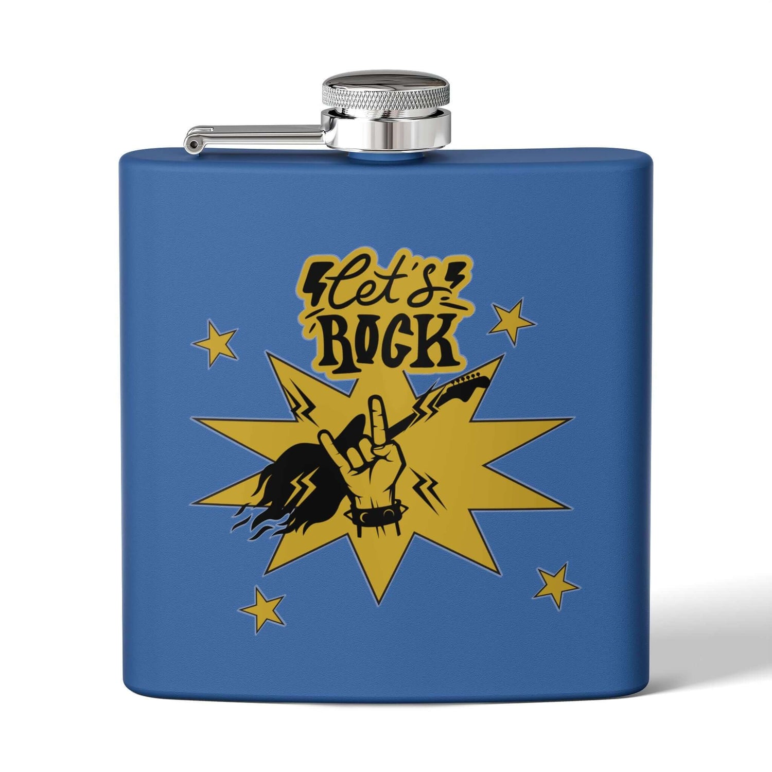 Edelstahl-Flachmann „Rock On“ für Fans mit Cowboy-Motiv, ideal für Outdoor-Abenteuer und Konzerte, 6 Unzen, stilvolles Design.