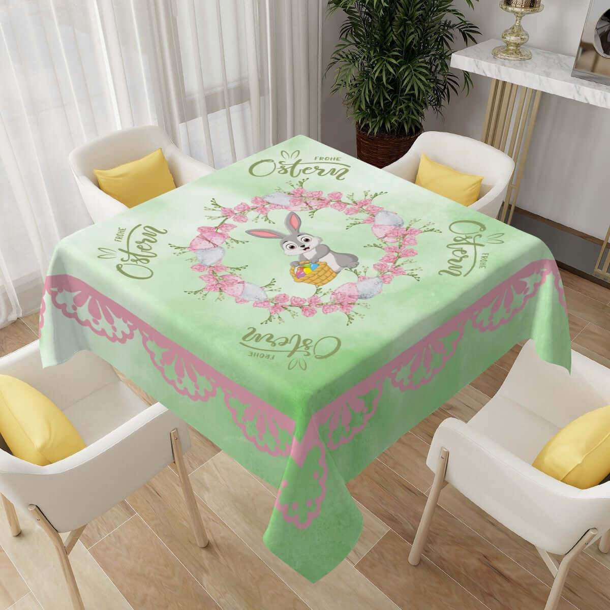 Quadratische Tischdecke Ostermotiv aus Polyester, 54"x54", sublimierter Druck, wasserabweisend, weich und waschbar, Osterdesign ansehen.