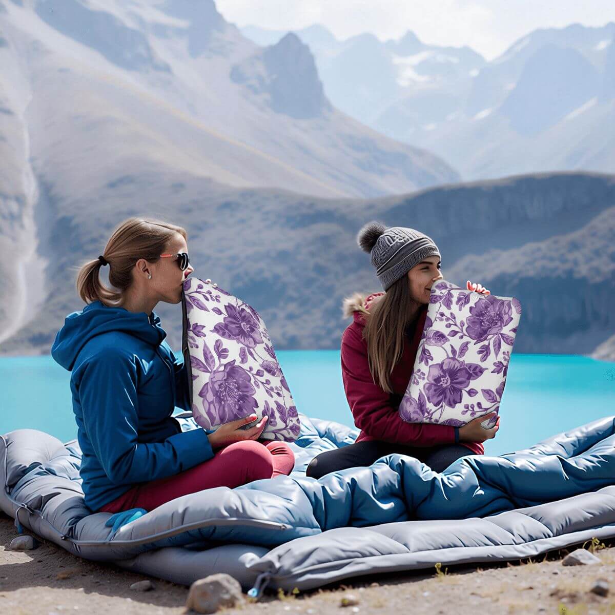 Zwei Personen verwenden Video Aufblasbares Campingkissen mit floralem Design am See, sitzend auf Isomatten, inmitten malerischer Berglandschaft.