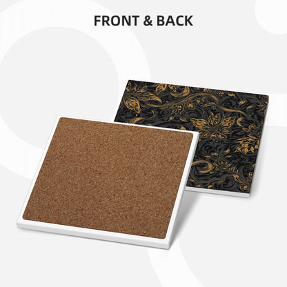 Quadratische Keramikuntersetzer, 6 Stück, Keramikmaterial, 4x4 Zoll, Vorder- und Rückansicht, schwarz-goldenes Design