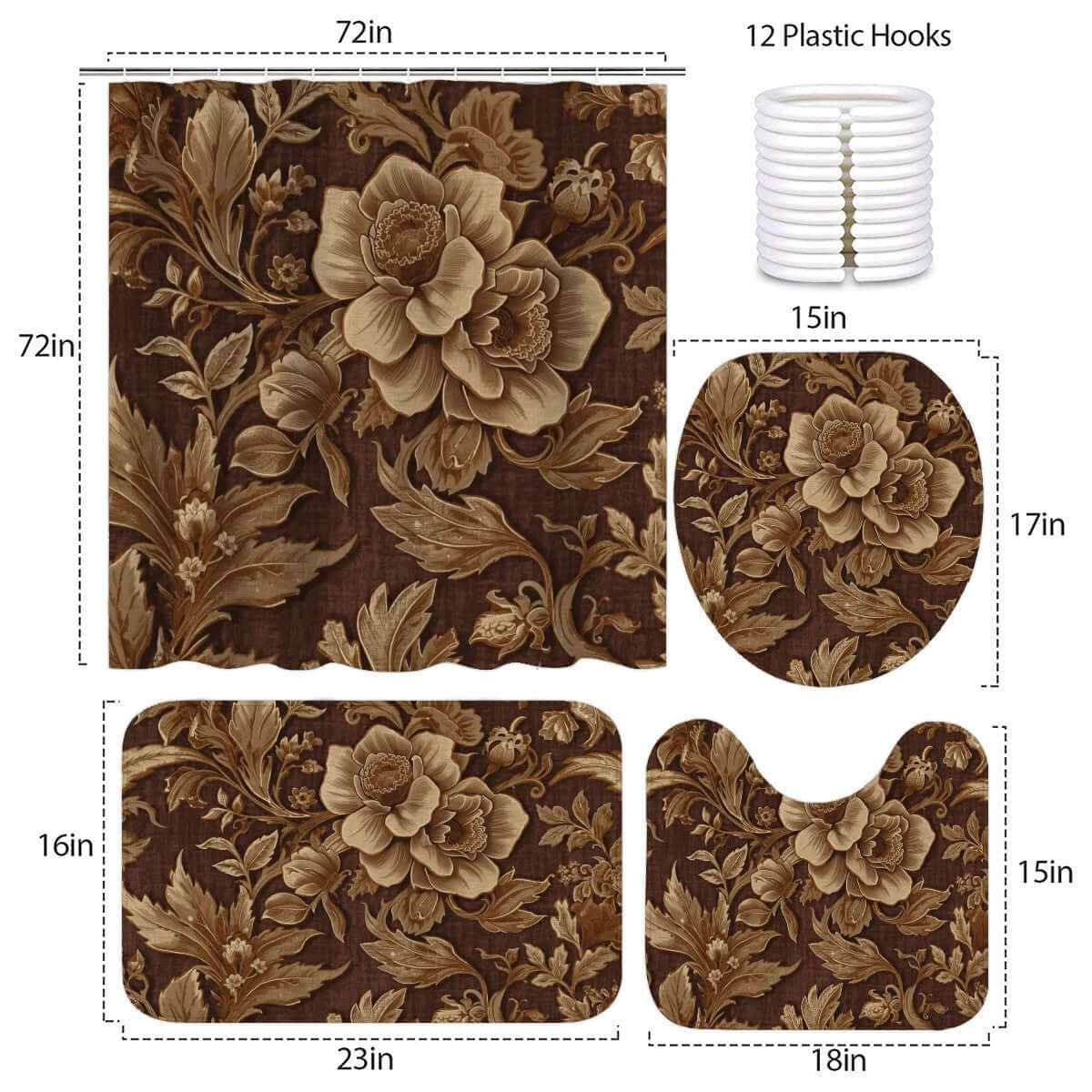 Video Badezimmerteppich-Set mit Duschvorhang in Blumendesign, 4-teilig aus Polyester, inklusive Teppich und Toilettensitzbezug.