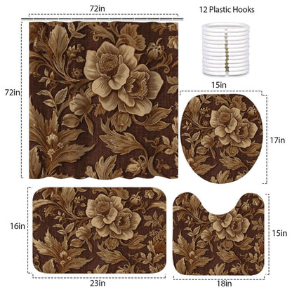 Video Badezimmerteppich-Set mit Duschvorhang in Blumendesign, 4-teilig aus Polyester, inklusive Teppich und Toilettensitzbezug.