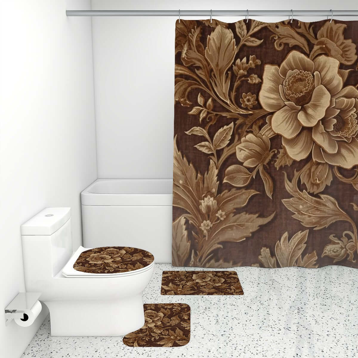 Video Badezimmerteppich-Set mit Duschvorhang, braun floral, 4-teilig, Polyester, inkl. Toilettensitzabdeckung und U-förmigem Teppich.