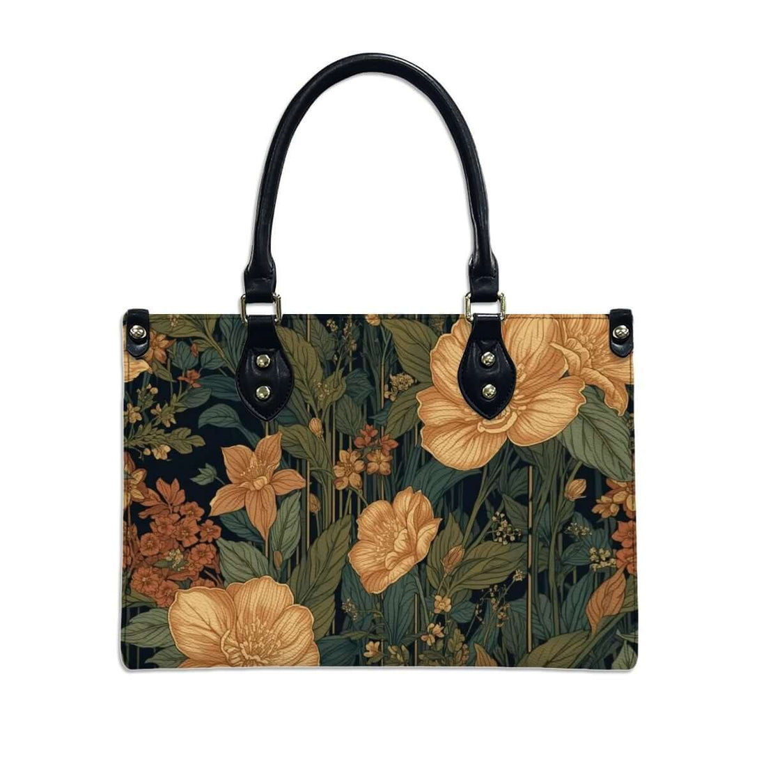 Florale PU-Tragetasche für Damen mit schwarz-gelben Muster, schwarze Griffe, Größe M. Details für PU-Tragetasche für Damen ansehen.