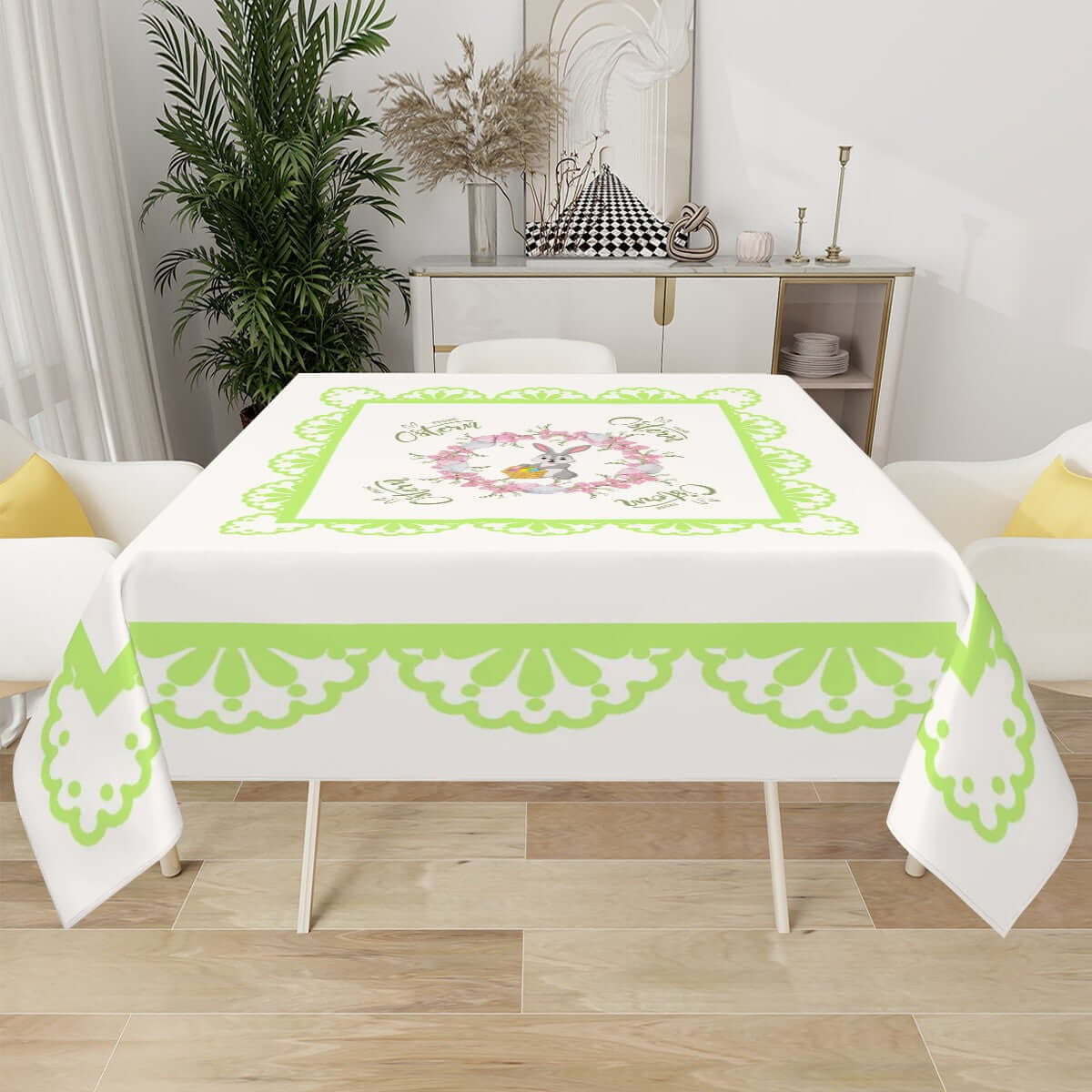 Quadratische Tischdecke Ostermotiv in Weiß und Grün mit Blumenmuster, aus wasserabweisendem Polyester, 54x54 Zoll, einseitiger Sublimationsdruck