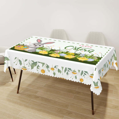 Rechteckige Tischdecke mit Wellenrand Ostermotiv, 100% Polyester, 72"x54", einseitiger Druck, idealer Schutz und Deko für Tische.