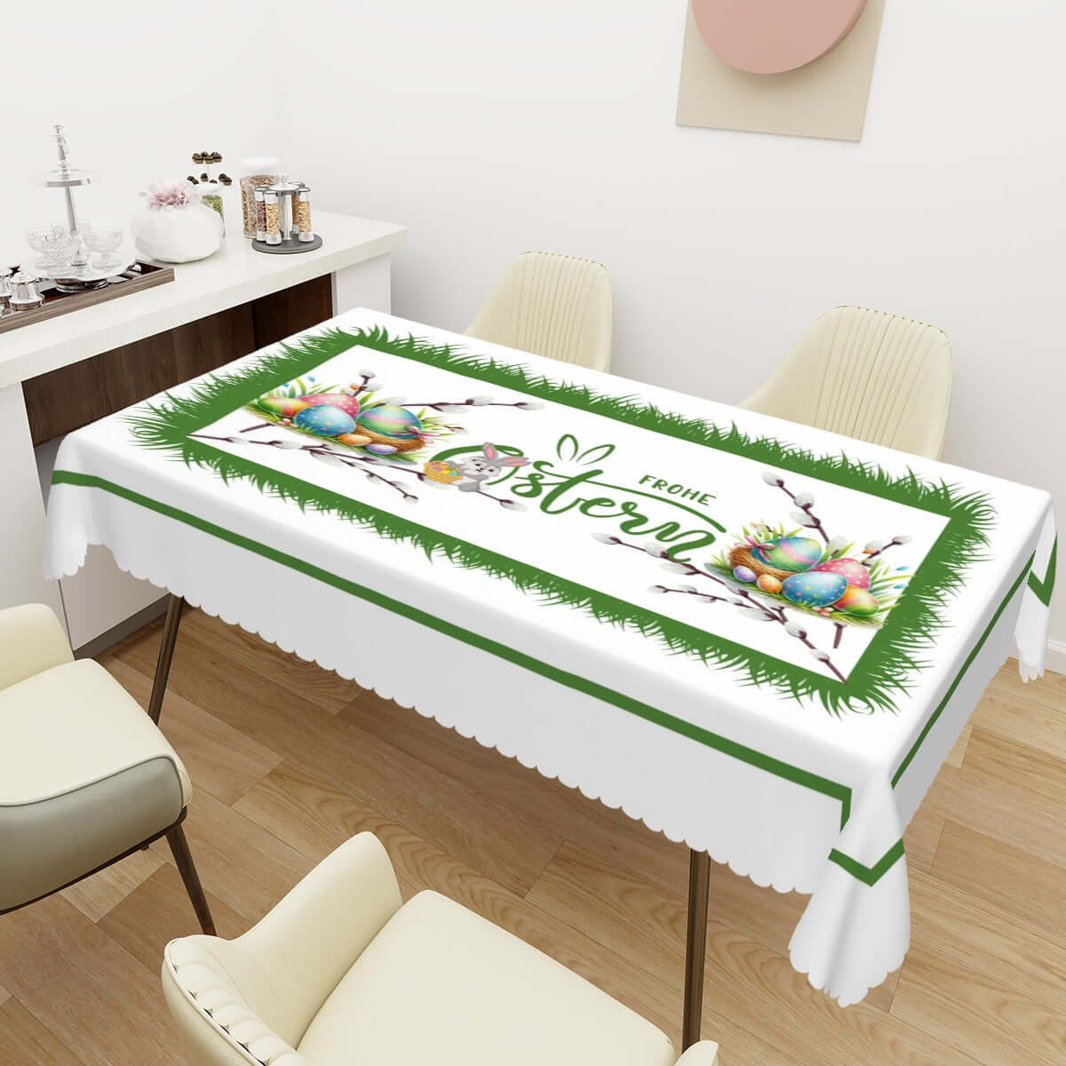 Rechteckige Tischdecke mit Wellenrand Ostermotiv auf Esstisch, 100 % Polyester, einseitiger Sublimationsdruck, größe 72"x54".