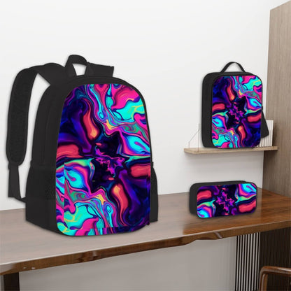 3er-Set Taschen (Oxford-Rucksack, Lunchtasche &amp; Federmäppchen) aus Oxford-Stoff mit buntem Design, ideal für Schule und Freizeit.