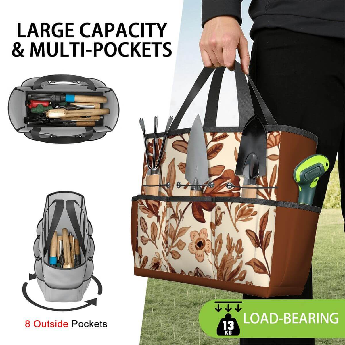 Gartengerätetasche aus Oxford-Stoff mit großer Kapazität und wasserfestem Design, ideal für die organisierte Aufbewahrung und einfachen Transport.