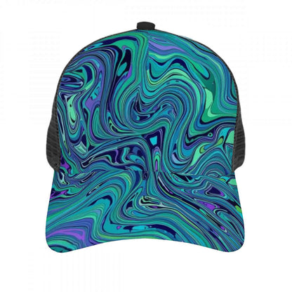 Mesh Baseball Cap (Full Pattern) with vibrant swirling design and breathable grid fabric for comfort and moisture absorption.