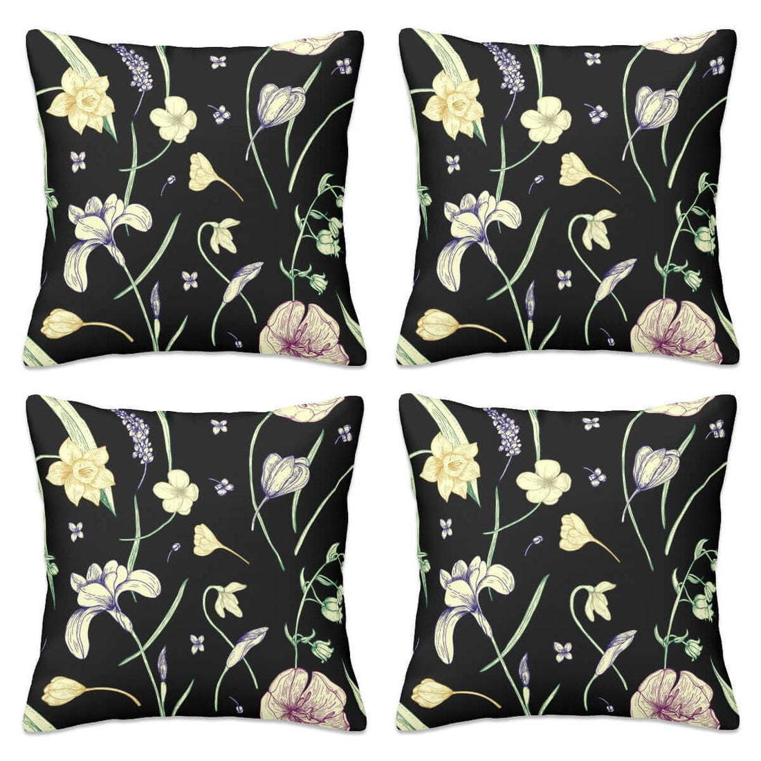 Blumendesign auf Ganzjahres-Kissenbezüge, 4er-Set mit schwarzen Hintergrund, ideal für vielseitige Raumdekoration. Details ansehen.