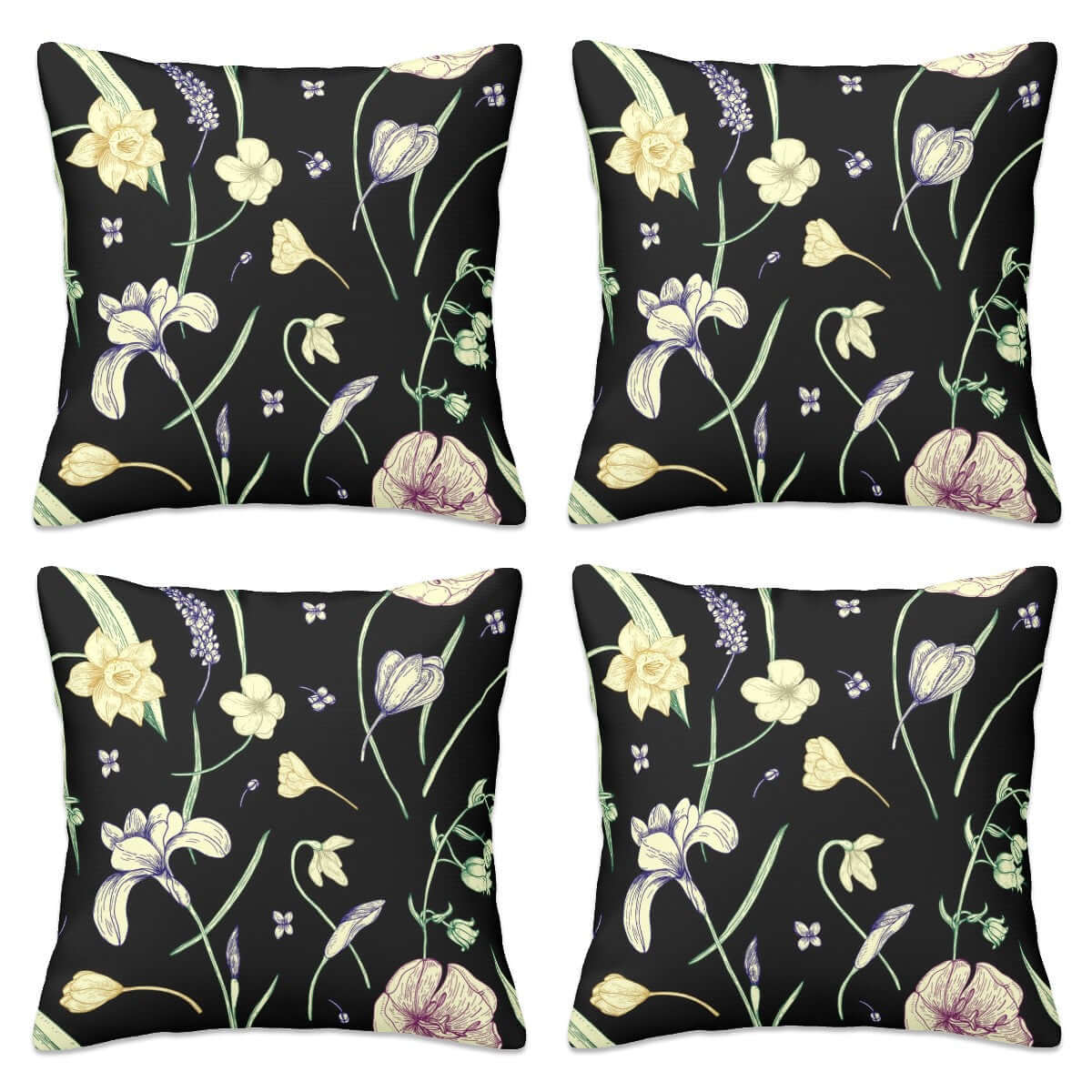 Blumendesign auf Ganzjahres-Kissenbezüge, 4er-Set mit schwarzen Hintergrund, ideal für vielseitige Raumdekoration. Details ansehen.