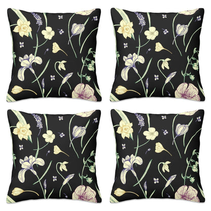 Blumendesign auf Ganzjahres-Kissenbezüge, 4er-Set mit schwarzen Hintergrund, ideal für vielseitige Raumdekoration. Details ansehen.