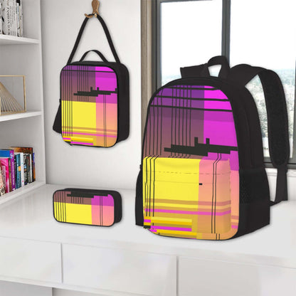 3er-Set Taschen (Oxford-Rucksack, Lunchtasche &amp; Federmäppchen) in buntem Sublimationsdruck, aus robustem Oxford-Stoff.