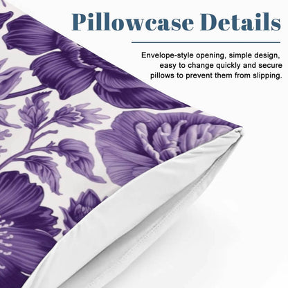 Komplettes Bettwäscheset mit Blumendesign und Informationen zu Kissenbezügen aus Polyester, sublimiert für einfache Anpassung.