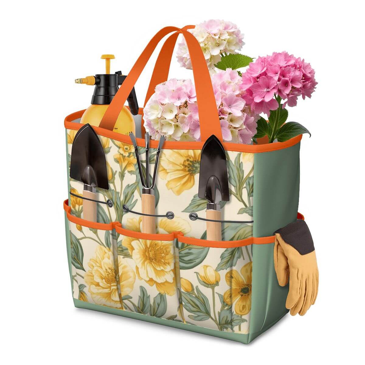 Gartengerätetasche aus Oxford-Stoff mit Blumenmuster und mehreren Taschen, gefüllt mit Gartenwerkzeugen und Blumentopf, wasserdicht und langlebig.