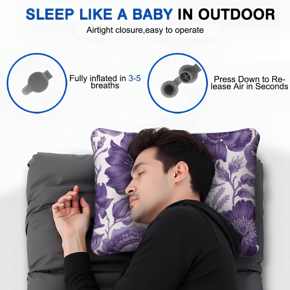 Video Aufblasbares Campingkissen - Liegender Mann auf einem lila Blumenmuster, hautfreundlich und atmungsaktiv