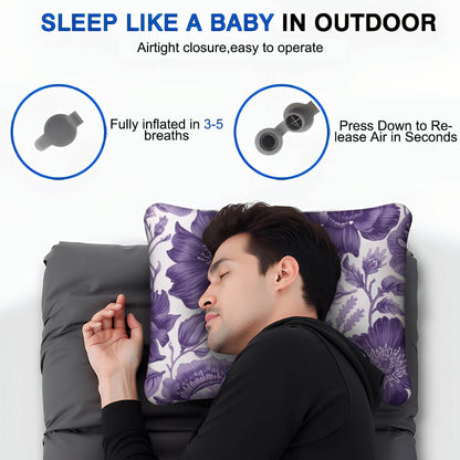 Video Aufblasbares Campingkissen - Liegender Mann auf einem lila Blumenmuster, hautfreundlich und atmungsaktiv