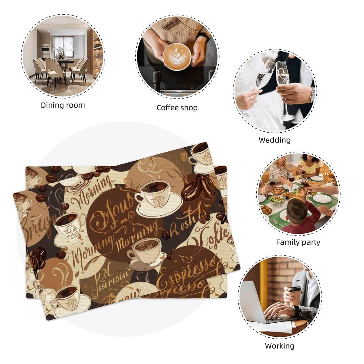 Doppellagige Tischsets aus Leinenimitat mit Kaffee-Design, ideal für Esszimmer, Café, Hochzeit, Familienfeier und Arbeitsumgebung.