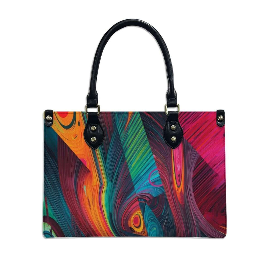 Colorful PU Tote Bag for Women with black handles and zipper, printed with vibrant patterns using UV printing technique. Details für PU-Tragetasche für Damen ansehen.