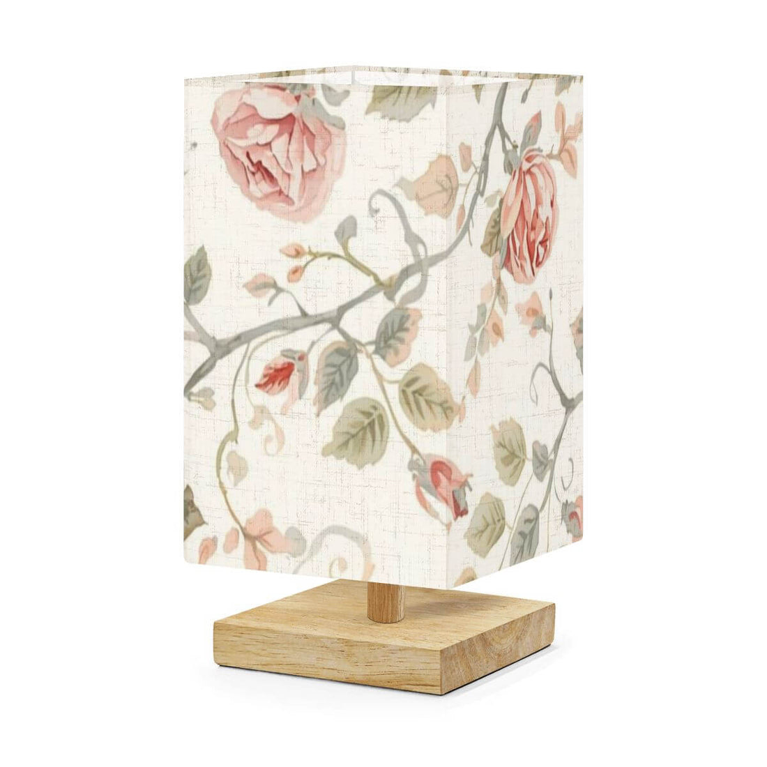 Quadratische Tischlampe aus Leinen und Gummiholz mit floralem Design, 5,5x5,5x11,0 Zoll, für warme und gemütliche Atmosphäre.