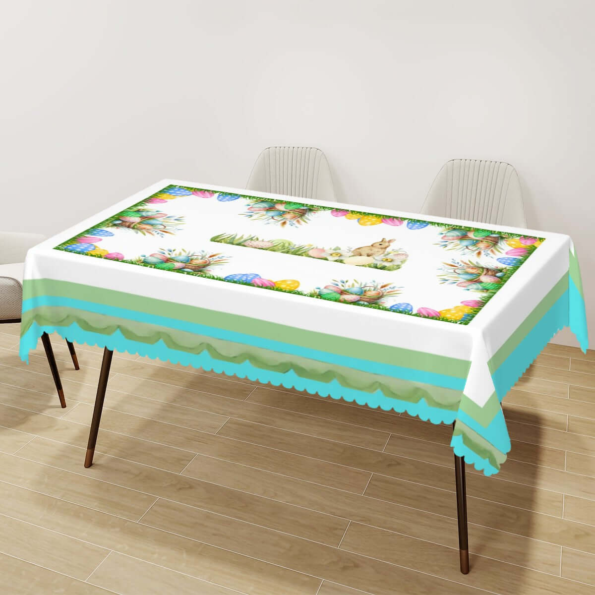 Rechteckige Tischdecke mit Wellenrand Ostermotiv aus 100 % Polyester, 72"x54" mit buntem einseitigem Ostermuster, wasserdicht und faltfest.