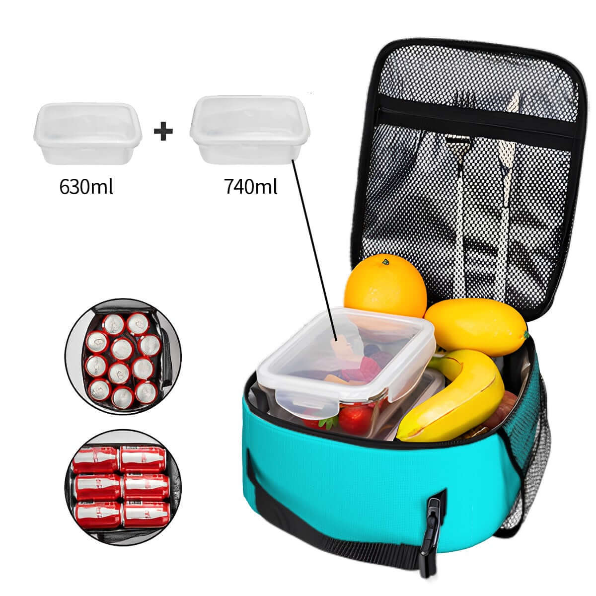 Lunchtasche mit schönem Design aus Oxford-Stoff, gefüllt mit Obst und Behältern, ideal für unterwegs mit verdickter PEVA-Beschichtung.